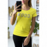 T-shirt jaune en coton avec écriture MOOD en strass à l'avant