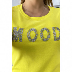 T-shirt jaune en coton avec écriture MOOD en strass à l'avant