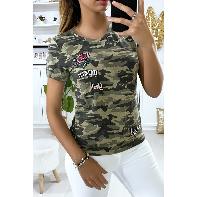 T-shirt kaki militaire avec broderie