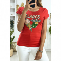 Tee-shirt rouge avec dessin en strass