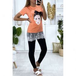 T-shirt corail avec dessin strass et dentelle