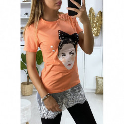 T-shirt corail avec dessin strass et dentelle