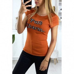 T-shirt cognac avec écriture brodé pure charme