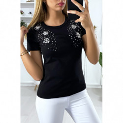 T-shirt noir avec strass au buste. Mode femme pas cher