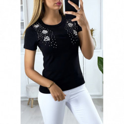 T-shirt noir avec strass au buste. Mode femme pas cher