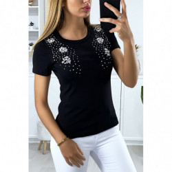 T-shirt noir avec strass au buste. Mode femme pas cher