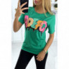 T-shirt vert avec écriture pailleté. Mode femme pas cher