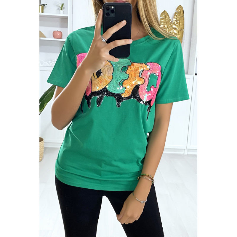 T-shirt vert avec écriture pailleté. Mode femme pas cher