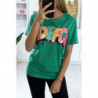 T-shirt vert avec écriture pailleté. Mode femme pas cher