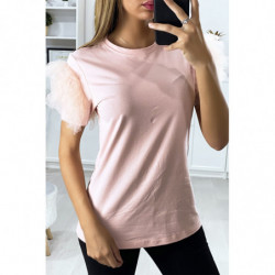 T-shirt rose avec manches froufrou en tulle