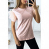 T-shirt rose avec manches froufrou en tulle