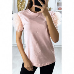 T-shirt rose avec manches froufrou en tulle