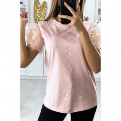 T-shirt rose avec manches froufrou en tulle