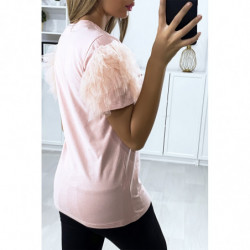 T-shirt rose avec manches froufrou en tulle