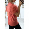 T-shirt rouge avec manches froufrou en tulle