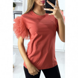 T-shirt rouge avec manches froufrou en tulle