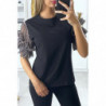 T-shirt noir avec manches en tulle taupe