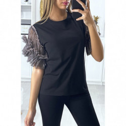 T-shirt noir avec manches en tulle taupe