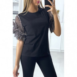 T-shirt noir avec manches en tulle taupe