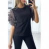 T-shirt noir avec manches en tulle taupe