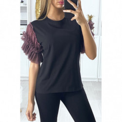 T-shirt noir avec manches en tulle lila