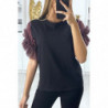 T-shirt noir avec manches en tulle lila