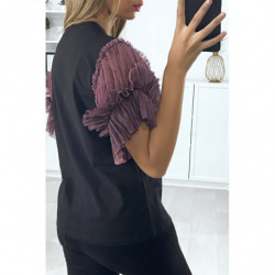 T-shirt noir avec manches en tulle lila