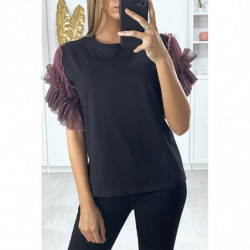 T-shirt noir avec manches en tulle lila