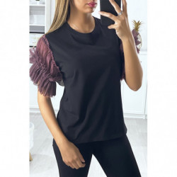 T-shirt noir avec manches en tulle lila