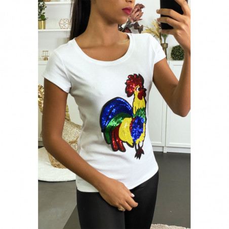 T-shirt blanc avec motif coq en strass