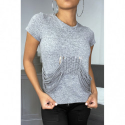 T-Shirt gris effet déchiré à lanières