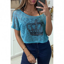 Teeshirt debardeur 2 en 1 bleu/noir motif couronne