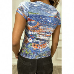 T-shirt marine avec dessin et strass