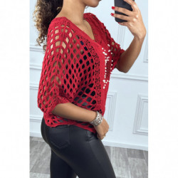 Top rouge effet transparent serti de perles