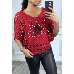 Top rouge effet transparent serti de perles