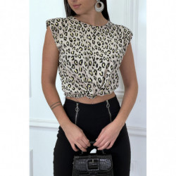 Top taupe à épaulettes motif léopard