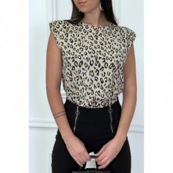 Top taupe à épaulettes motif léopard