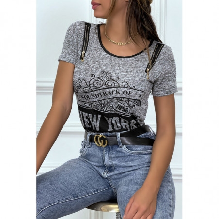 Tee shirt gris imprimé avec fermeture eclair