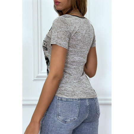 Tee shirt taupe imprimé avec fermeture eclair