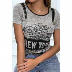 Tee shirt taupe imprimé avec fermeture eclair