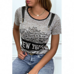 Tee shirt taupe imprimé avec fermeture eclair