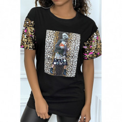 Tee-shirt noir oversize motif leopard et sequins