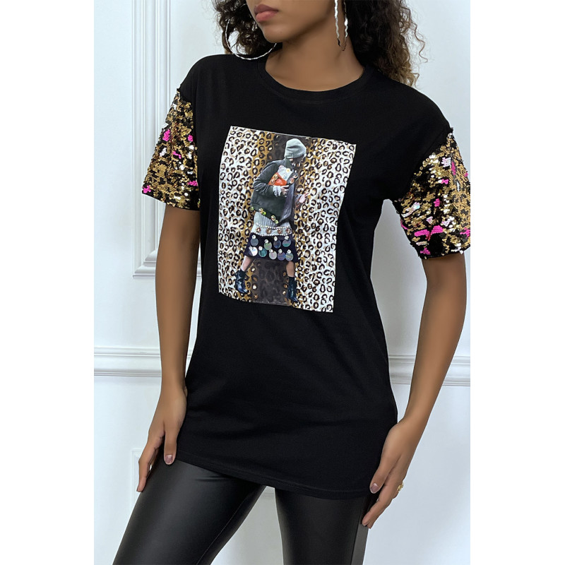 Tee-shirt noir oversize motif leopard et sequins