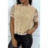 Top beige en tulle doublé avec sequins