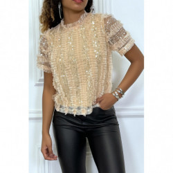 Top beige en tulle doublé avec sequins