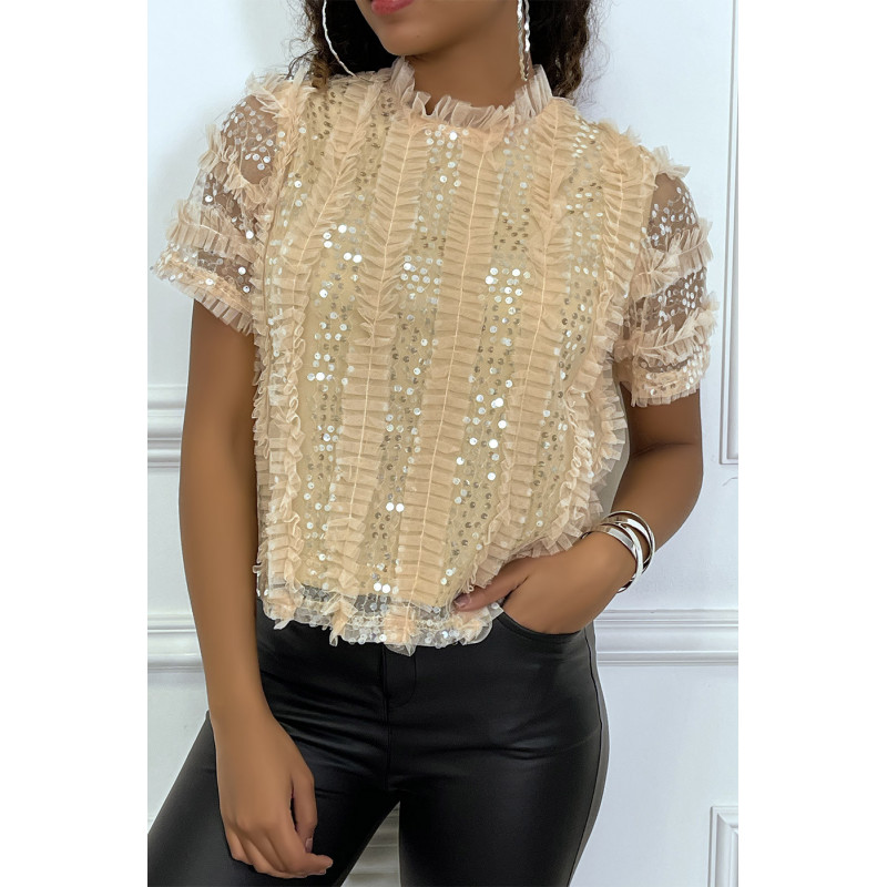 Top beige en tulle doublé avec sequins