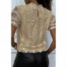 Top beige en tulle doublé avec sequins