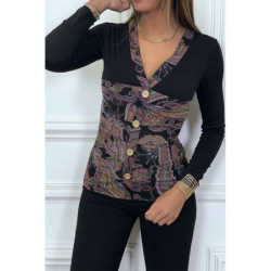 Haut noir à motif violet avec boutons dorée et fronce