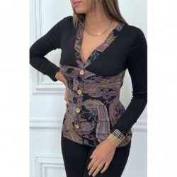 Haut noir à motif violet avec boutons dorée et fronce