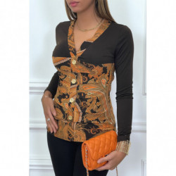 Haut marron à motif orange avec boutons dorée et fronce